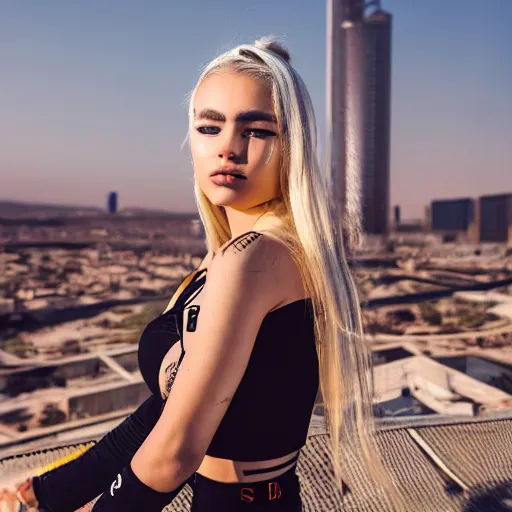 Image similar to photographic portrait of a streetwear woman, closeup, on the rooftop of a futuristic city overlooking a desert oasis, sigma 85mm f/1.4, 4k, depth of field, high resolution, 4k, 8k, hd, full color