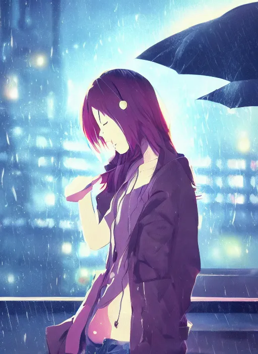 Image similar to listening to music at 2 am, pretty face, perfect body body, pose, rain, lofi, lofi, peaceful, street light, anime key visual, poster, anime, by wlop, high quality, 4 k, trending, trending on artstation