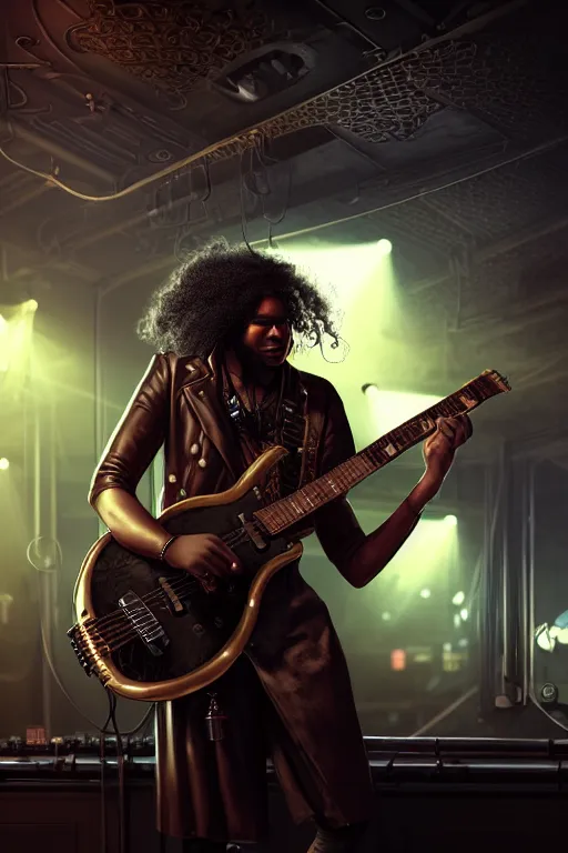 Image similar to a steampunk black man with long curly hair, playing electric guitar at a night club, focus on the musicians, cinematic lighting, exaggerated detailed, unreal engine, octane render, trending on artstation, art by greg rutkowski, 4 k