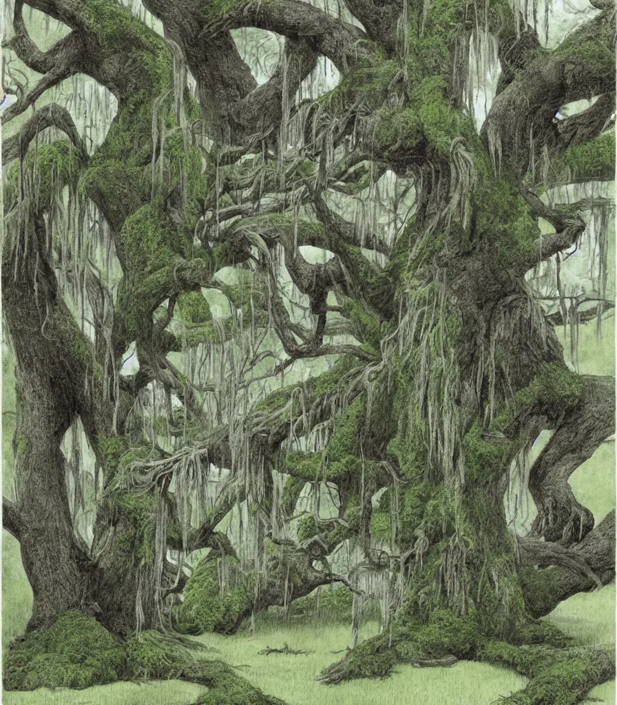 Prompt: southern plantation mansion trees hanging moss abandoned decay illustration by maurice sendak