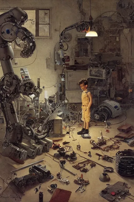 Image similar to a boy fixing his robot, part by Norman Rockwell, part by Greg Rutkowski , part by Mattias Adolfsson, high angle, oil on canvas