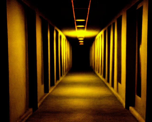 Image similar to dark abandoned hallway at night with eldritch horror, letterboxing, widescreen, 40mm tape, technicolour film, grainy, horror