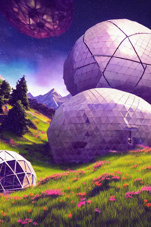 Prompt: detailed nacreous hard shell geodesic dome spacecraft in a picturesque mountain meadow. mathias kollros mark winters villeneuve lie setiawan lius lasahido manuel castanon. portrait vivid intricate vibrant elaborate inks unreal engine render.