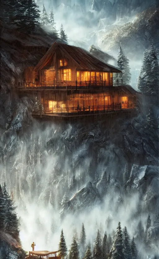 Image similar to cabin high on a mountain, the valley beneath, dynamic lighting, photorealistic fantasy concept art, trending on art station, stunning visuals, creative, cinematic, ultra detailed