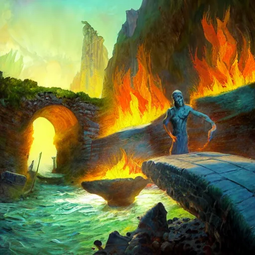 Prompt: acrylic painting, impressionism and expressionism, bold colors, expressive brushstrokes. the ferryman under a stone bridge over the river styx in hades. fantasy art by tyler edlin, cgsociety, burning torches, cliffs