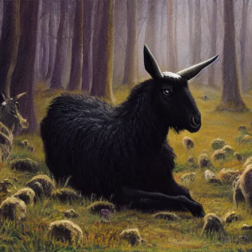 Prompt: thomas kincaid painting of black phillip from the movie the witch