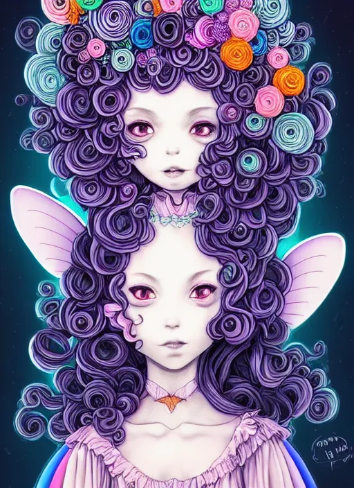 Prompt: dark fantastic illustration of beautiful girl witch with a robot, curls hair, rococo ruffles dress, rosette, symmetrical face, pastel rainbow, pearlescent, cute, fairy, rim light, detailed background, by mai yoneyama, rolua, manga, artstation, concept art, highly detailed, colorful, maximalist