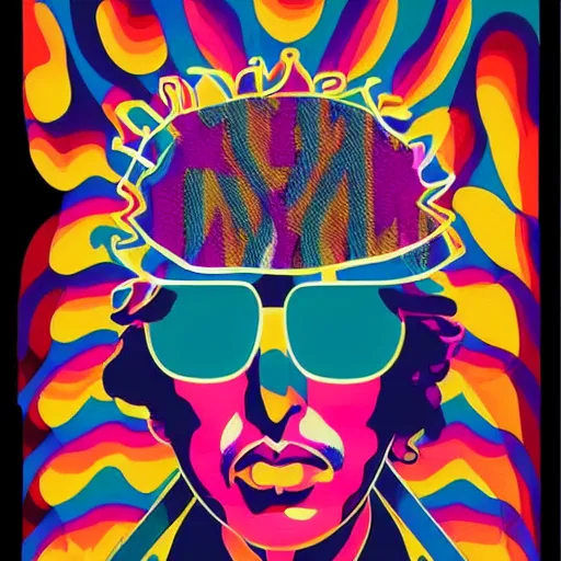 Prompt: psychedelic poster design of bob dylan by paul rand