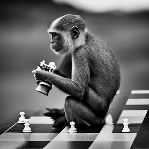 Image similar to black and white portrait photo of a monkey eating a chess piece by annie liebovitz,