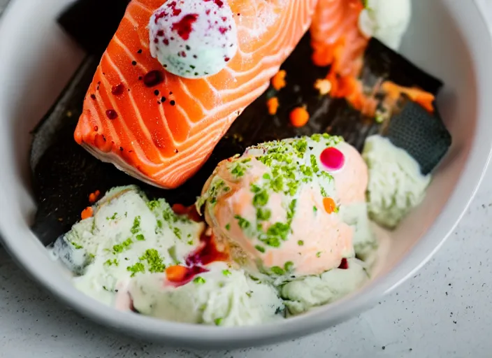 Image similar to dslr food photograph of salmon and wasabi ice cream sundae with salmon roe and wasabi drizzle, 8 5 mm f 1. 8