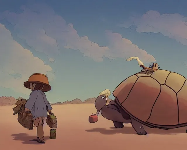 Prompt: a study of a cell shaded cartoon giant turtle from howl's moving castle ( 2 0 0 4 ), on a desert road, illustration, wide shot, subtle colors, post grunge, concept art by josan gonzales and wlop, by james jean, victo ngai, highly detailed, sharp focus, trending on artstation, hq, deviantart, art by artgem