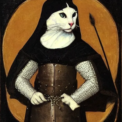 Image similar to medieval portrait of a black and white cat dressed as a knight, in the style of eugene de blaas