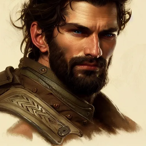 Image similar to portrait of a rugged ranger, handsome, muscular, 30 years old, D&D, fantasy, intricate, elegant, highly detailed, digital painting, artstation, concept art, matte, sharp focus, illustration, art by Artgerm and Greg Rutkowski and Alphonse Mucha