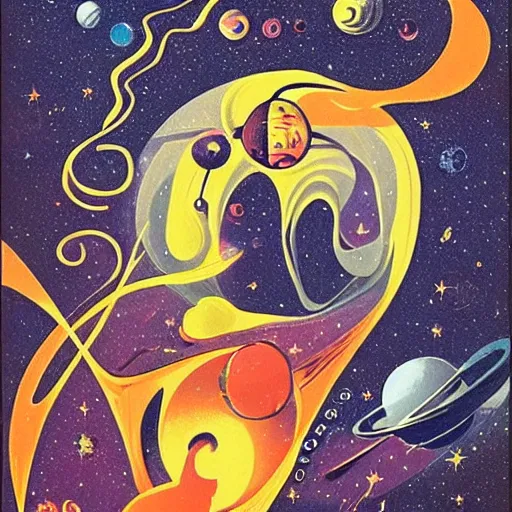 Image similar to cosmic lovers, space and time, traveling together in the cosmos galaxy swirls cosmic horror beautiful retro scifi cover style stanislaw lem