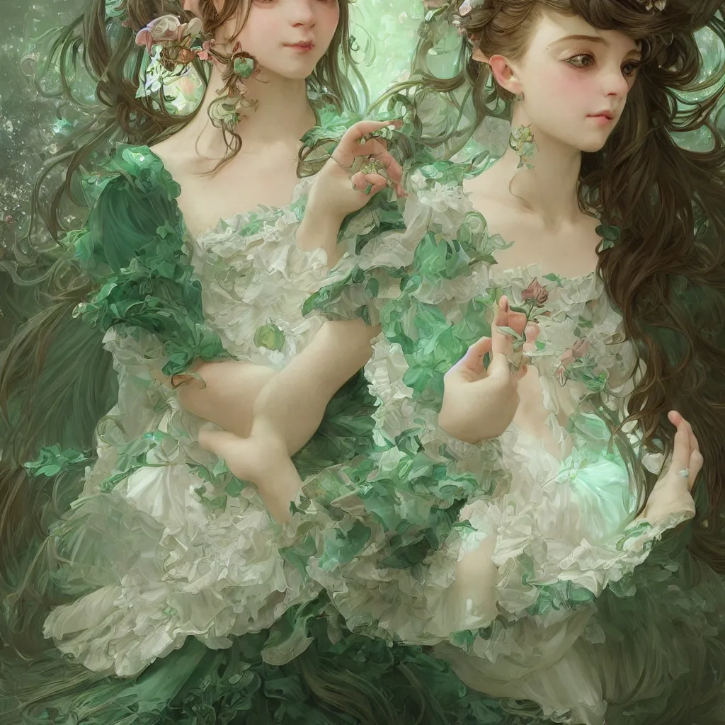 Prompt: portrait of a magical lolita girl, dreamy and ethereal, green eyes, ornate frilly dress, fantasy, intricate, elegant, highly detailed, digital painting, artstation, concept art, smooth, sharp focus, illustration, art by artgerm and greg rutkowski and alphonse mucha