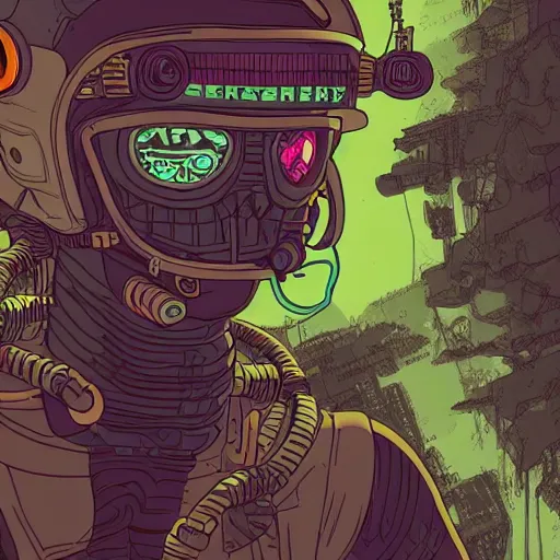 Image similar to in the style of max prentis and deathburger and laurie greasley close up of a smiling young explorer wearing a cyberpunk headpiece, highly detailed, intricate details, adventure time colour palette, 8k wallpaper