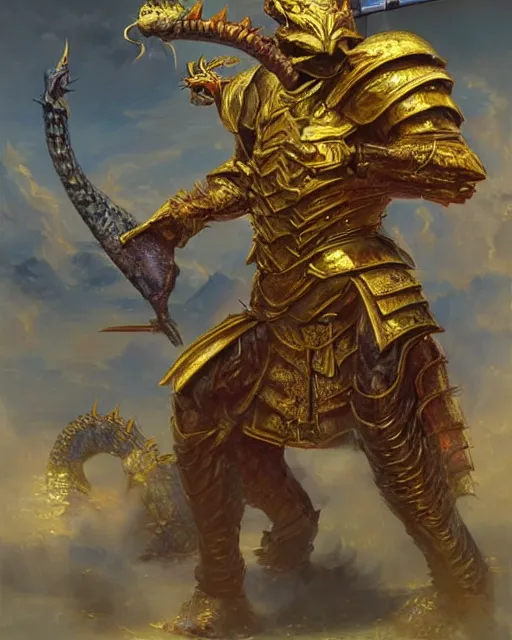 Image similar to Golden Dragonborn Samurai. Award winning oil painting by, ross tran, Thomas Cole and Wayne Barlowe. Highly detailed