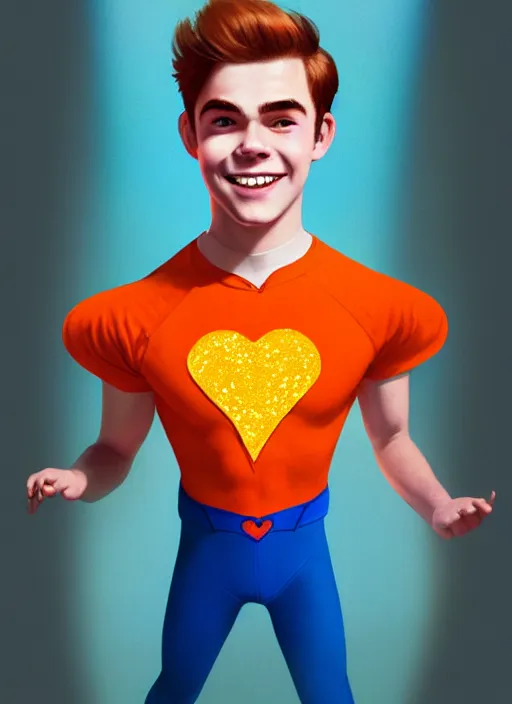 Image similar to friendly teenage archie andrews wearing an orange superhero costume with heart logo, heart, freckles, blue cape, heart emblem on chest, blue cape, intricate, elegant, glowing lights, highly detailed, digital painting, artstation, sharp focus, illustration, art by wlop, mars ravelo and greg rutkowski