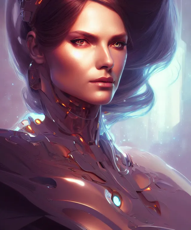 Image similar to futuristic woman android portrait, sci - fi, amber eyes, face, long hair, fantasy, intricate, elegant, highly detailed, digital painting, artstation, concept art, smooth, sharp focus, illustration, art by artgerm and greg rutkowski and alphonse mucha