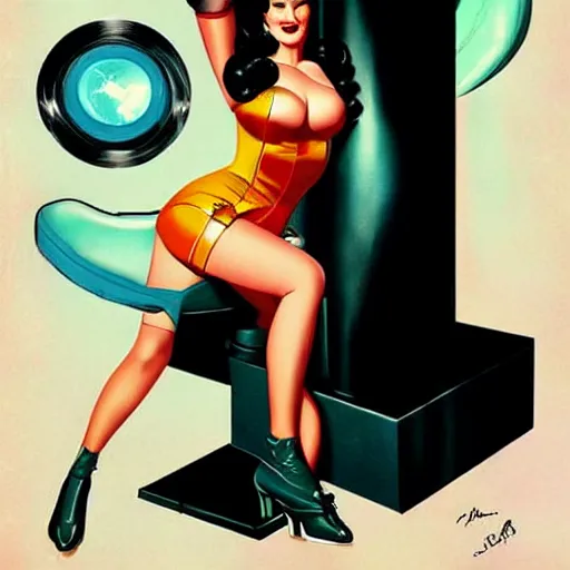 Prompt: a retro sci - fi pinup illustration of dita von teese in the style of gil elvgren.