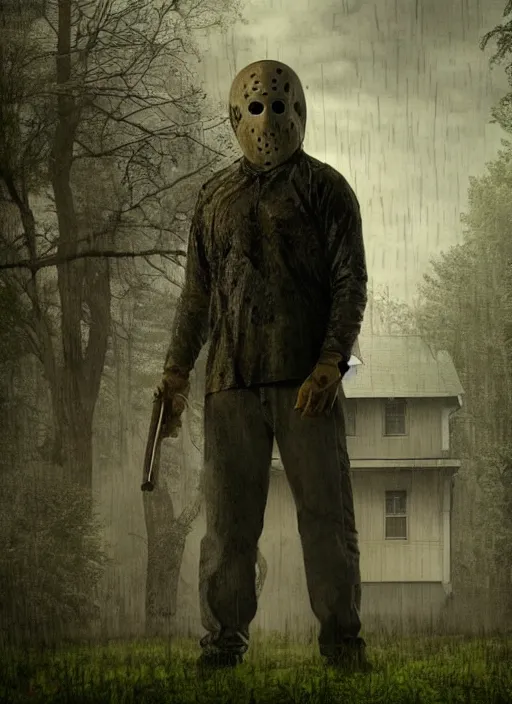 Prompt: jason voorhees standing in front of a house on a rainy day, a digital rendering by gregory crewdson, trending on cgsociety, american scene painting, ominous vibe, matte drawing, atmospheric