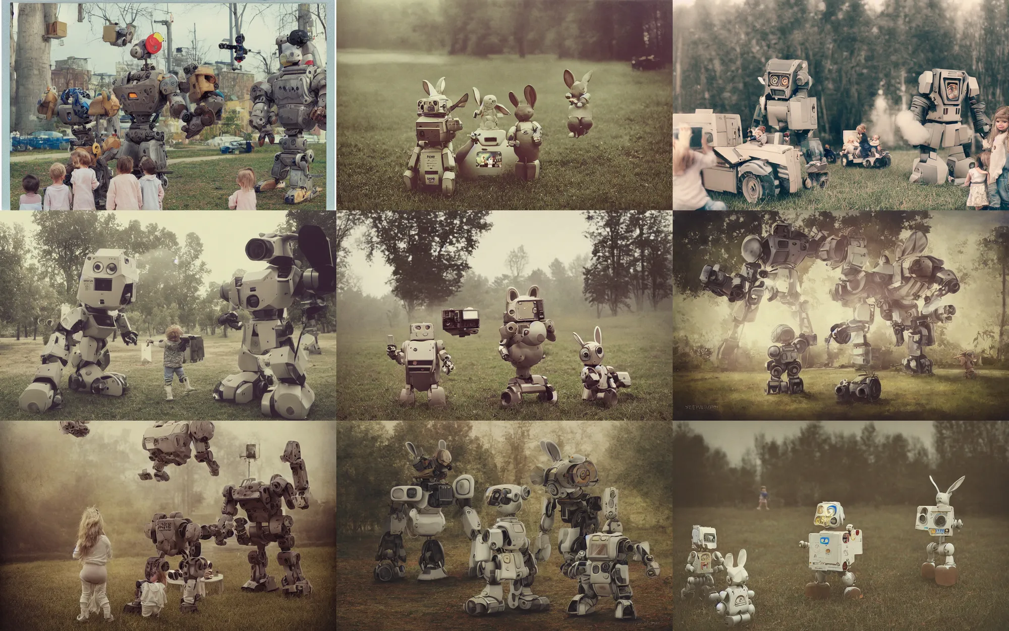 Prompt: giant oversized cute baby rabbit robot mech with big rabbit ears on a vilage watching kids play, Cinematic focus, Polaroid photo, vintage, neutral colors, soft lights, foggy, panorama by Steve Hanks, by Serov Valentin, by lisa yuskavage, by Andrei Tarkovsky
