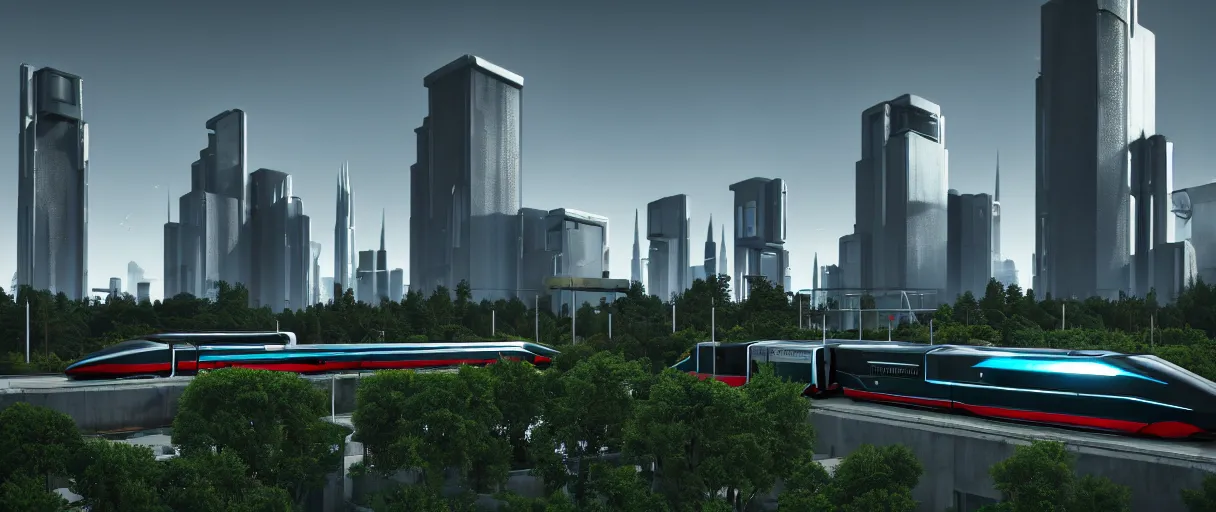 Prompt: futuristic city center with 890J maglev train in background grass and trees, modern landscape architectural design for brutalist industrialpunk black and white concrete and glass, train with maroon, white and teal metallic accents, gorgeous lighting, golden hour, cyberpunk, 2077, dramatic lighting and composition, photography, 8k, origin 100i, star citizen concept art, single line, golden ratio, minimalistic composition, side profile, Tokyo, JR sc Maglev, TGV, Eurostar