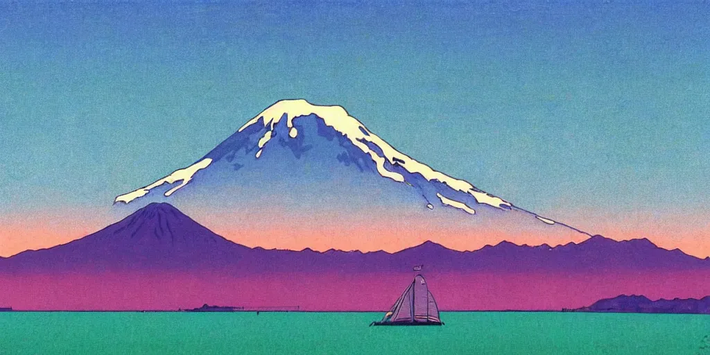 Image similar to seattle with mount rainier in the background, acid and dreaming psychedelic hallucinations, by kawase hasui, moebius and edward hopper, colorful flat surreal design, hd, 8 k, artstation