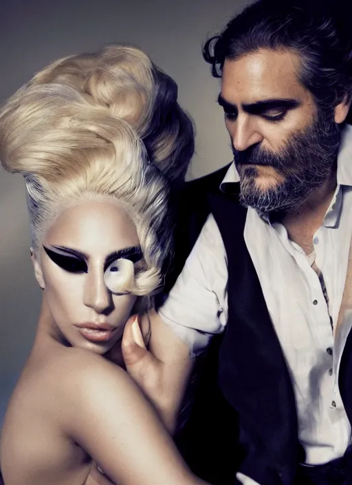 Image similar to lady gaga and joaquin phoenix styled by nick knight posing, full body shot, set pieces, intricate set, vogue magazine, canon, highly realistic. high resolution. highly detailed. dramatic. 8 k. 4 k.