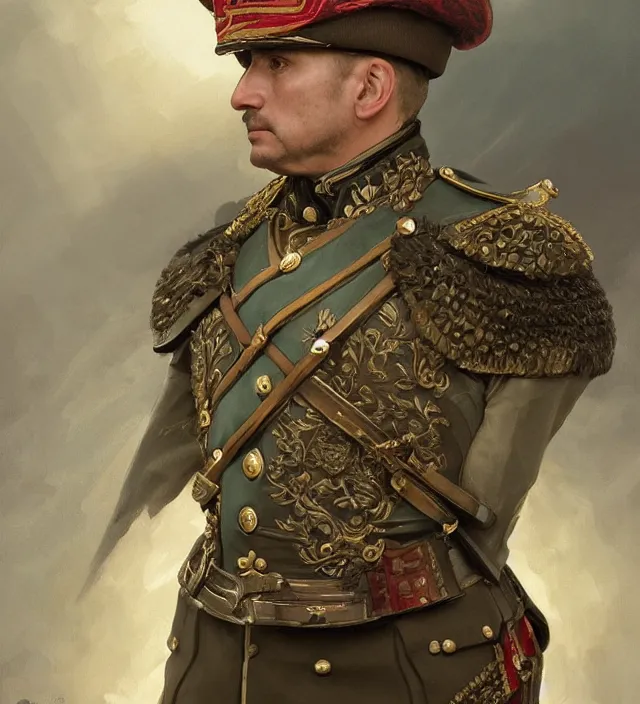 Prompt: portrait of an hungarian man wearing a traditional nineteenth century austro - hungarian empire military uniform, metal shoulder pauldrons, intricate, highly detailed, digital painting, artstation, concept art, sharp focus, cinematic lighting, illustration, art by artgerm and greg rutkowski, alphonse mucha, cgsociety