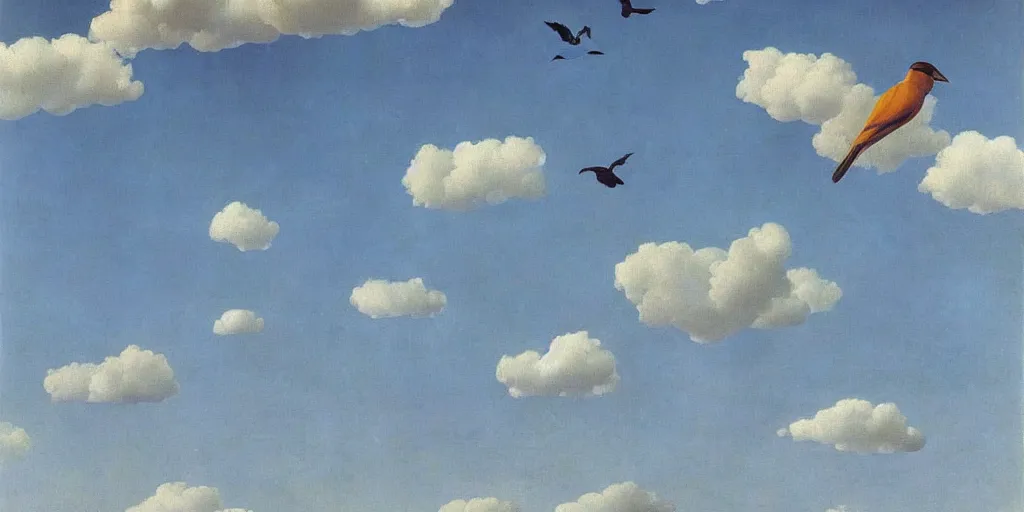 Prompt: in the blue sky, birds are lying throuch the clouds, # rene francois ghislain magritte