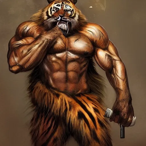 Image similar to aesthetic commission portrait of a muscular furry anthro tiger,holding a pistol,detailed face,hyperdetailed,photorealistic,art by ross tran,artgerm,character design by charles bowater,deviantart,artstation,dramatic