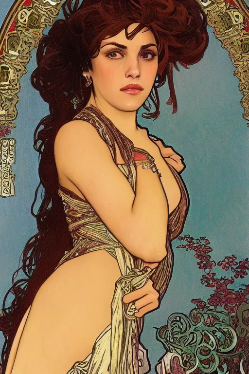 Image similar to portrait of monica belucci from the movie malena, artwork by alphonse mucha