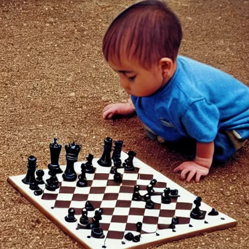 Image similar to a 2 Year Old Human Baby playing chess, national geographic photo
