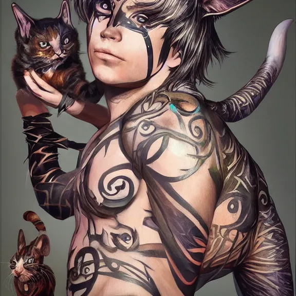 Image similar to boy with cat ears and tail covered in tribal body paint, fantasy artwork, award winning, very very very very very very very very very very very very very very beautiful, hyper detailed, studio lighting, artstation