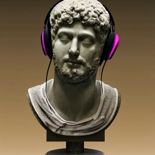 Image similar to a roman bust wearing headphones listening to music, in the style of vaporwave, vaporwave style, 4k, hi res