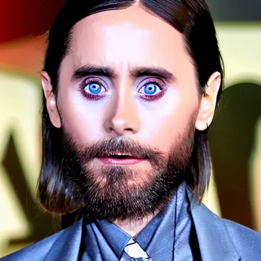Prompt: jared leto with unrealistically open eyes, analog horror
