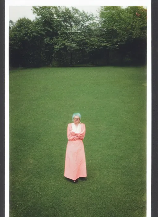 Image similar to woman at lawn, polaroid photography in style of andrey tarkovski, 35mm, film photo