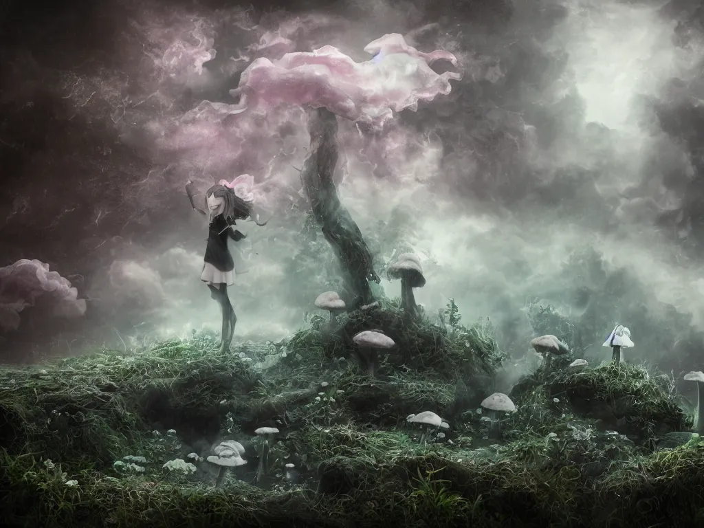 Image similar to cute fumo plush of a gothic maiden girl, inverse color, overdose, overgrown flooded mystical mushroom forest temple, mysterious ritual over tempestuous stormy water, wisps of volumetric vortices of glowing smoke and fog, vignette, vray