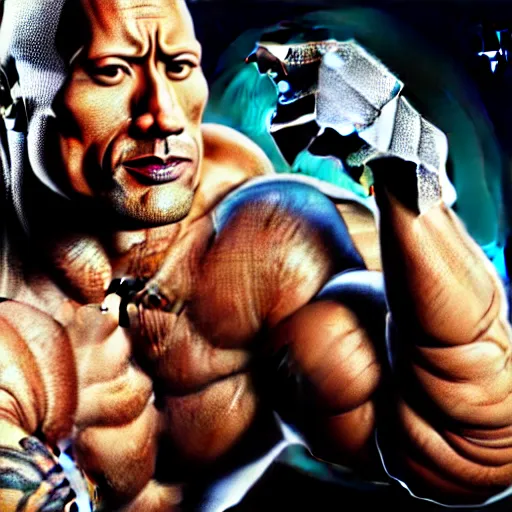 Image similar to A highly detailed photograph of Dwayne Johnson with various cybernetic augmentations