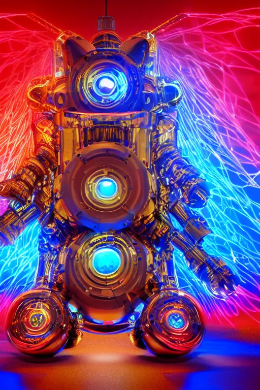 Image similar to portrait photo of a giant huge golden and blue metal futuristic steampunk robot covered with multicolored big gears and tubes, a red electric guitar, eyes are glowing red lightbulbs, shiny crisp finish, 3 d render, 8 k, insaneley detailed, fluorescent colors, background is multicolored lasershow