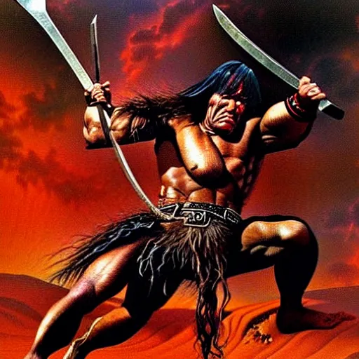 Image similar to “ conan the barbarian ” swings a “ great axe ” at a “ giant black spider, with red eyes ”. painting by ernie chan and earl norem.