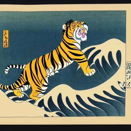 Prompt: A tiger and a lion in the style of Hokusai