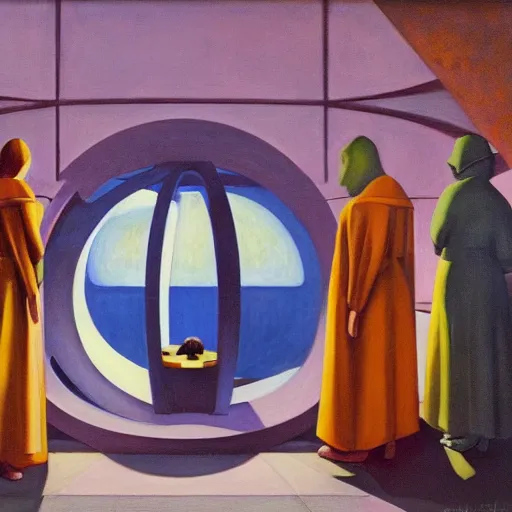 Prompt: three brutalist robotic seers watchers oracles soothsayers inside a dome, pj crook, grant wood, edward hopper, syd mead, chiaroscuro, oil on canvas