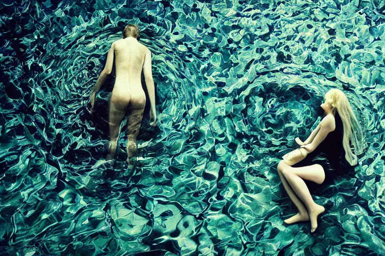 Image similar to 35mm color lomography, last photo, portrait, fashion shoot, weird, random, strange, spooky, hyperdetailed, photorealistic, high fashion, interesting, swimming pool, david cronenberg, by Mariusz Lewandowski