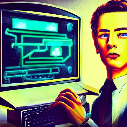 Image similar to a man with a vintage computer monitor for a head award winning cyber punk art, uncanny valley, detailed face, sci - fi book cover, retro futuristic,