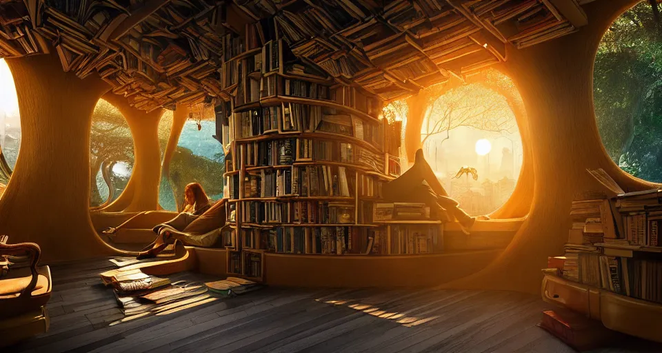 Image similar to A scene from a 2022 fantasy film featuring a cozy art nouveau reading nook inside a fantasy treehouse city. Suspended walkways. Disorganized ancient books. Golden Hour. 8K UHD.