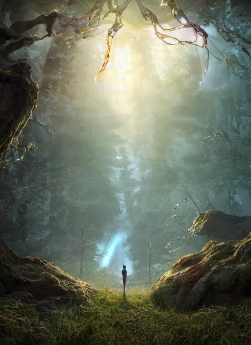 Image similar to preschool - nebular biomechanical incredible hair, crystalline masterpiece incrustations, hyperdetailed face, childrens textless storybook illustration, elegant pose, movie still, intricate, octane render, cinematic forest lighting, cgsociety, unreal engine, crepuscular rays, god rays, caustic shadows lighting,