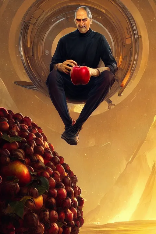 Image similar to ultra realistic illustration, steve jobs sitting on a giant apple, sci - fi, fantasy, intricate, elegant, highly detailed, digital painting, artstation, concept art, smooth, sharp focus, illustration, art by artgerm and greg rutkowski and alphonse mucha