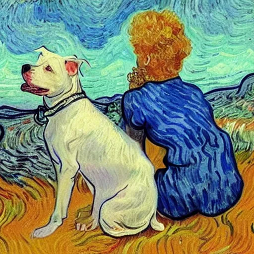 Prompt: girl with curly blonde hair sits next to her white pitbull, sitting on a riverbank watching the sunset, painting by van gogh